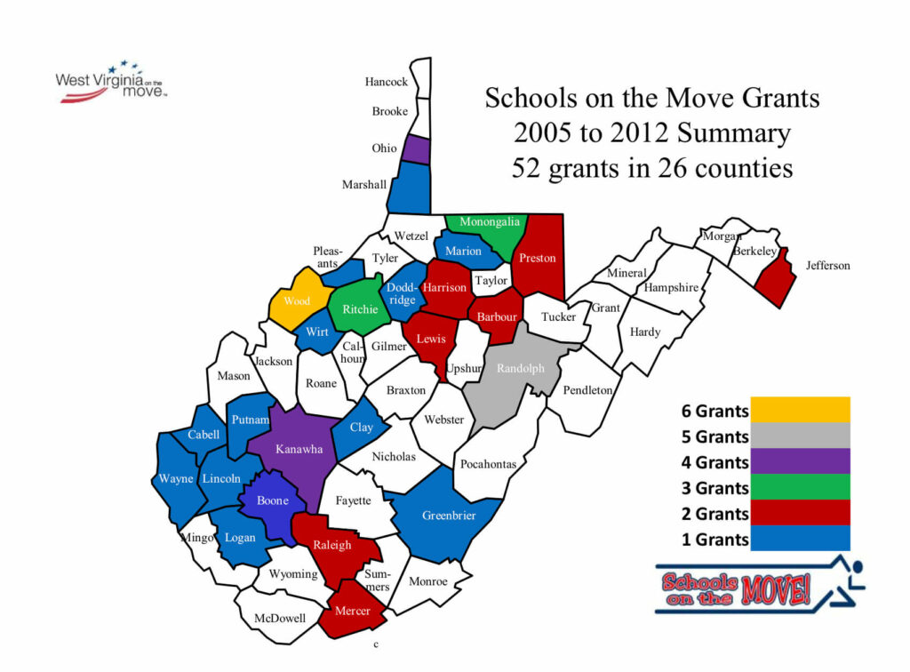 This is a graphic of the Schools on the Move Grants 2005 to 2012 Summary. 52 grants were awarded in 26 West Virginia counties.