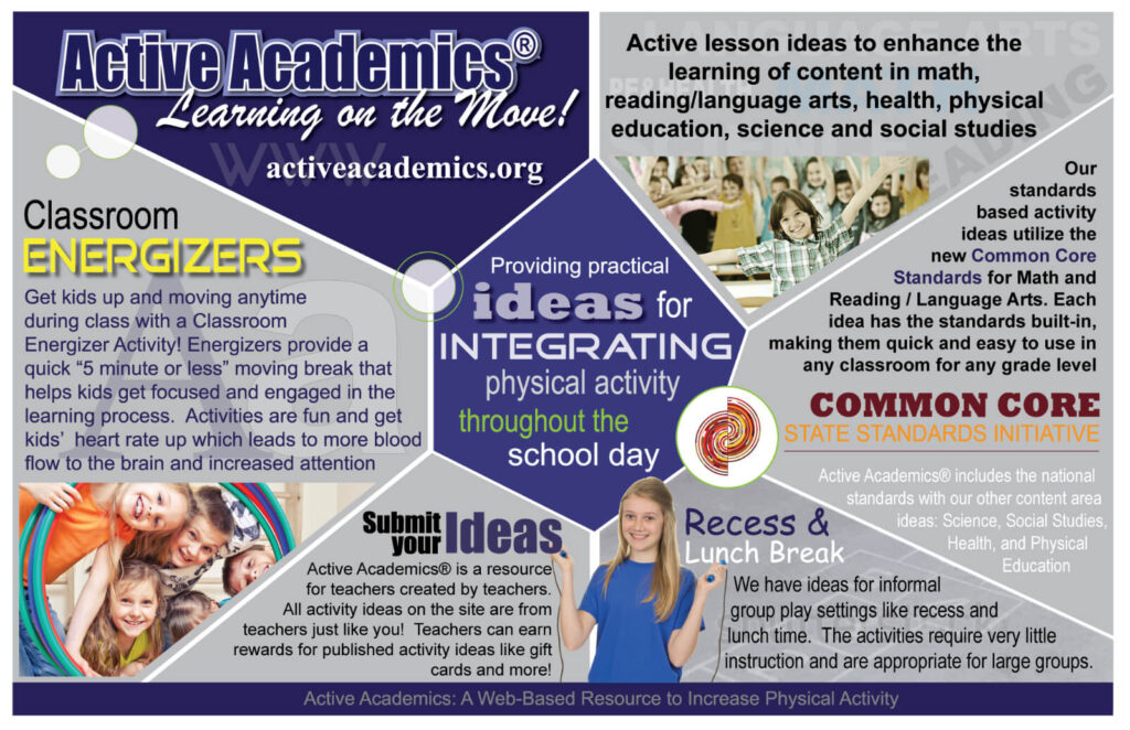 This is an Active Academics graphic with details about providing practical ideas for integrating physical activity throughout the school day.