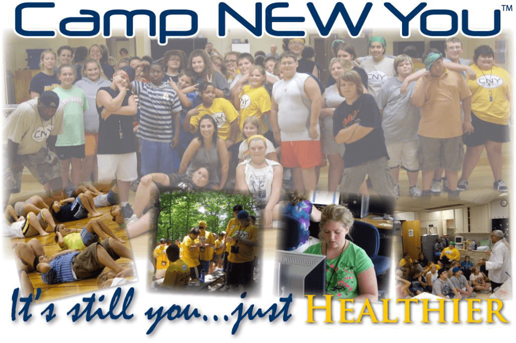 This is a Camp New You logo graphic that says, "It's still you... just healthier." The graphic features images of kids posing together, exercising, in nature, and in classroom settings.