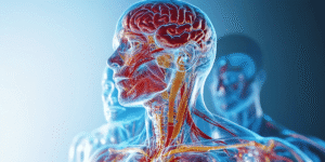 Detailed anatomical illustration of a human head and upper body showing the brain, muscles, nerves, and circulatory system in a transparent view
