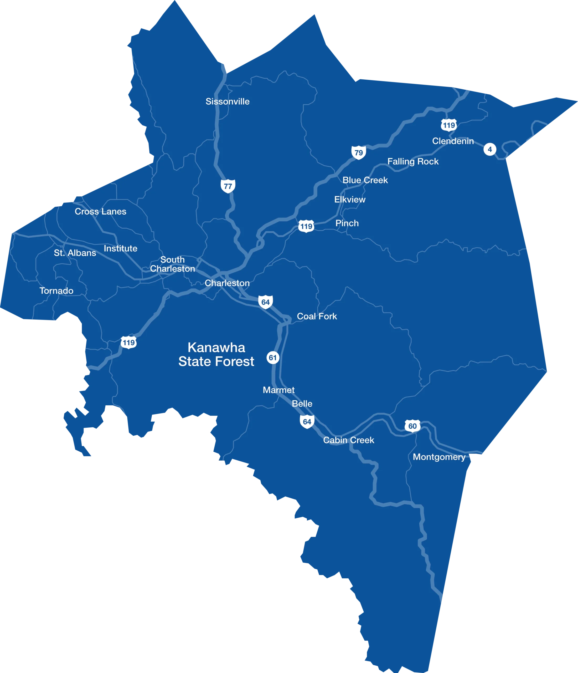 Map of Kanawha County, West Virginia highlighting Charleston and surrounding communities with major roads and towns labeled