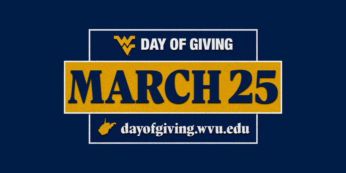 West Virginia University Day of Giving promotional graphic in blue and gold featuring the WVU logo and text encouraging donations to support the university