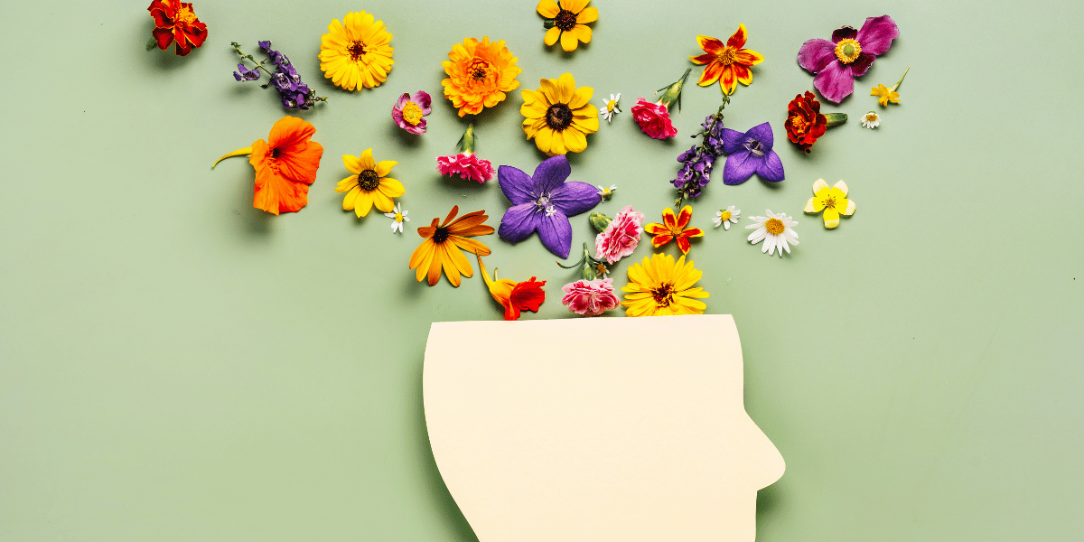 photo of a cutout of a head with flowers blooming out of the top