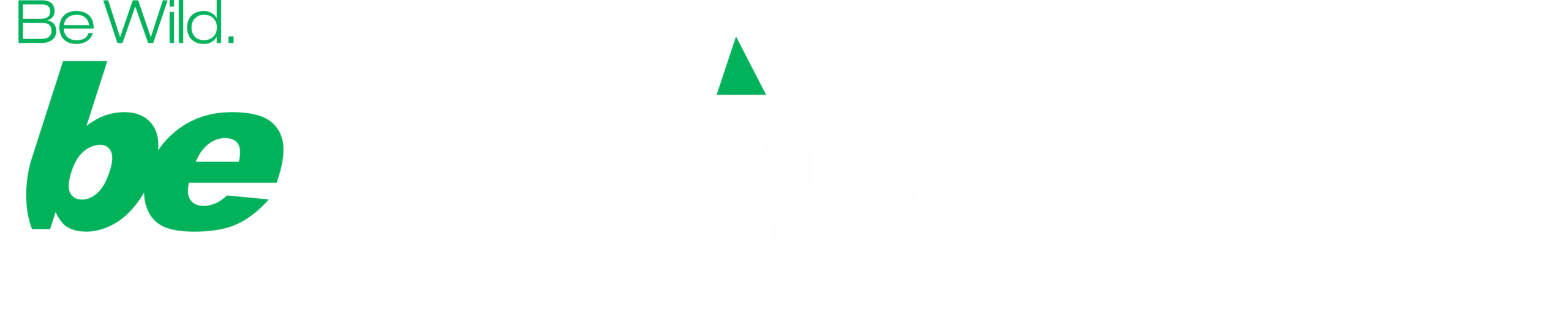 Logo lockup on a black background featuring text on the left and a geometric emblem on the right, separated by a vertical white line. The text reads "Be Wild. Be Wonderful." on top, with "Be Wild" in green and "Be Wonderful" in white. Below it, the stylized text "beActive." appears with a green "be" and a bold white "Active" featuring a green triangle accent above the letter "t". The right side displays a white geometric icon composed of abstract shapes forming the letters FRN and a heart symbol.